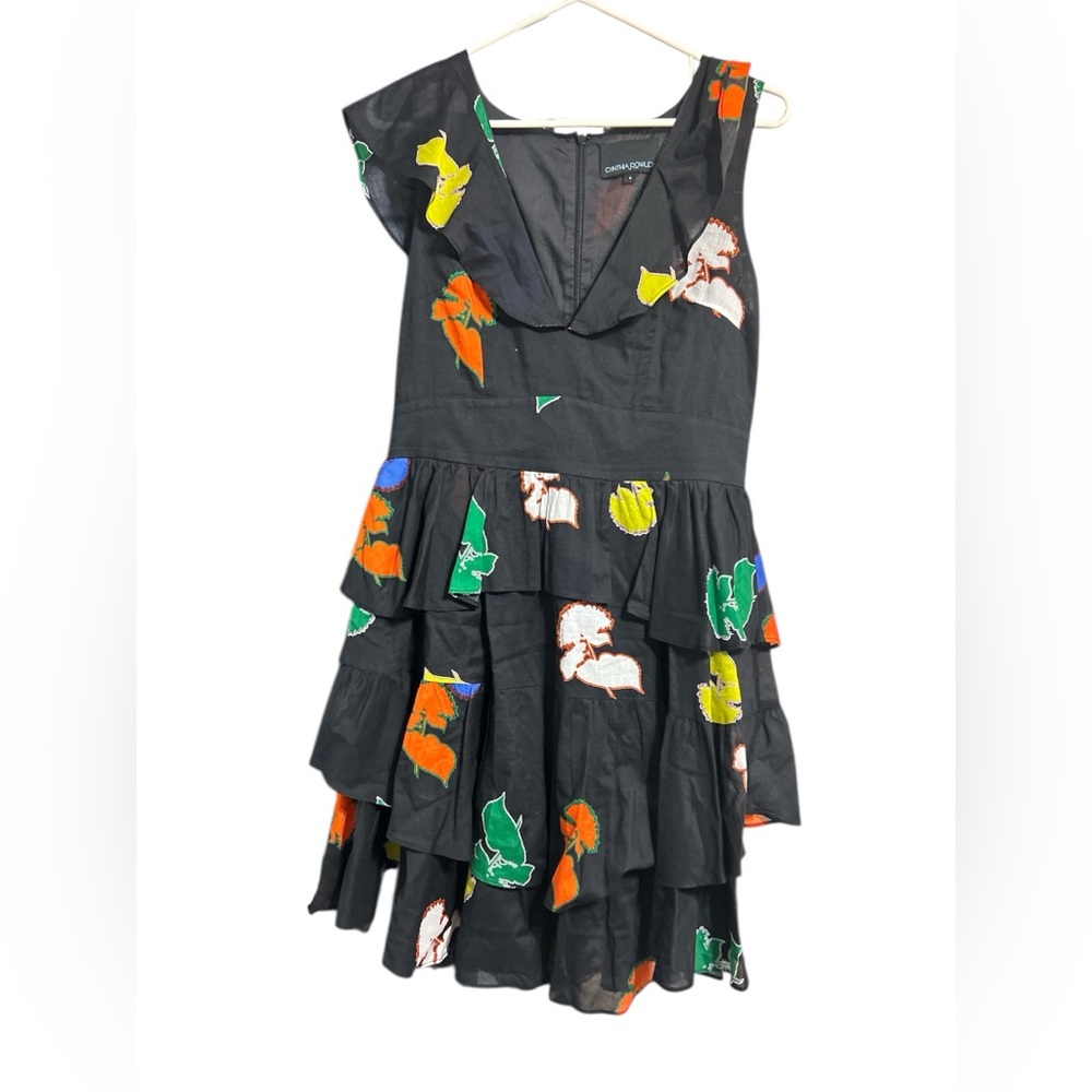 Cynthia Rowley Tiered Ruffle Floral Print Dress Black Multicolor Size 6